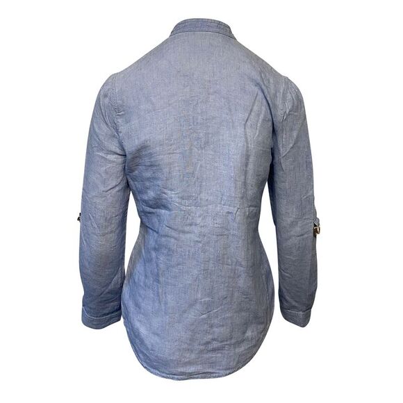 Balmain Shirt with Adjustable Sleeves with Pockets in Blue Linen - Picture 2 of 9